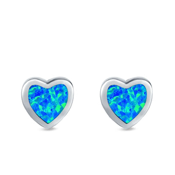 Solitaire Heart Stud Earrings Lab Created Blue Opal 925 Sterling Silver (6mm)